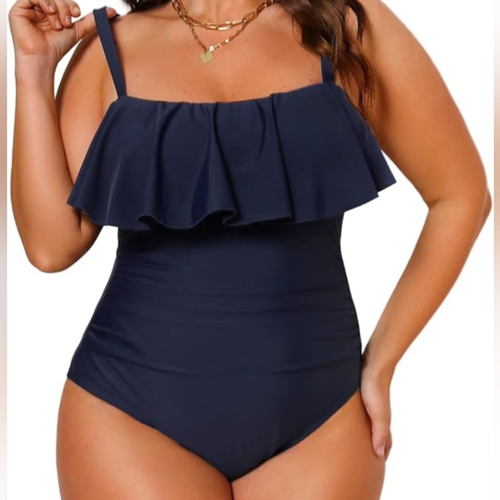 CUPSHE Women Swimsuit One Piece Bathing Suit Flowy Ruffle Trim Ruched Dark Blue